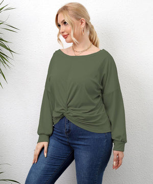 Plus Size Solid Round Neck Twisted Hem Long Sleeve T-Shirt