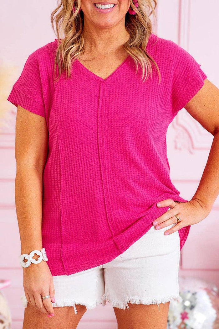 Plus Size Waffle Knit Seamed V Neck T-Shirt