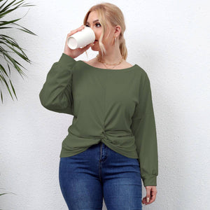 Plus Size Solid Round Neck Twisted Hem Long Sleeve T-Shirt