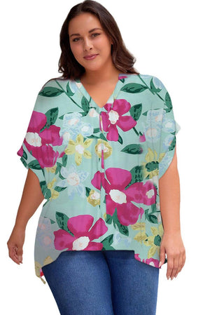 Floral V Neck Half Sleeve Plus Size Blouse