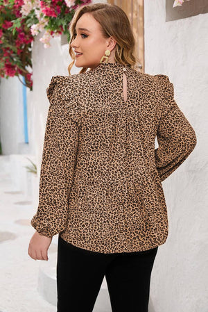 Leopard Frilled Shoulder Decor Plus Size Babydoll Top