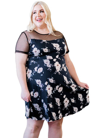 Plus Size Floral Print Polka Dots Mesh Patch Mini Dress