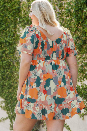 Plus Size Shirred Mixed Print Ruffle Dress