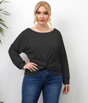 Plus Size Solid Round Neck Twisted Hem Long Sleeve T-Shirt