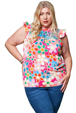 Plus Size Floral Embroidered Flutter Sleeve Tank Top