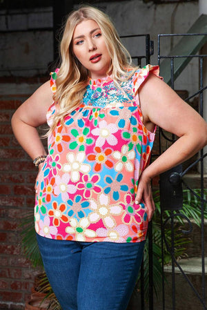 Plus Size Floral Embroidered Flutter Sleeve Tank Top