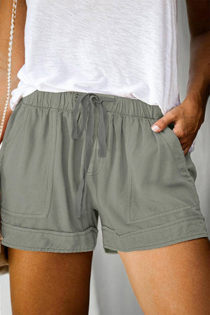 Solid Plus Size Elastic Waist Drawstring Pocket Shorts