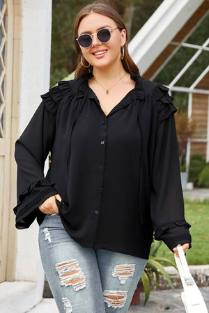 Tiered Ruffled Shoulder Buttoned Plus Size Blouse