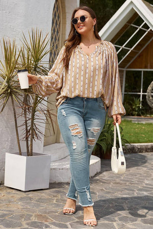 Plus Size Printed V-Neck Drawstring Blouse