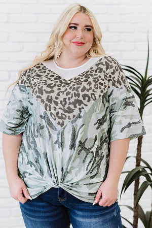 Plus Size Leopard Camo Splicing Twist Knot Half Sleeve T-Shirt