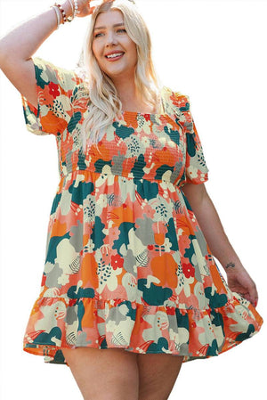 Plus Size Shirred Mixed Print Ruffle Dress