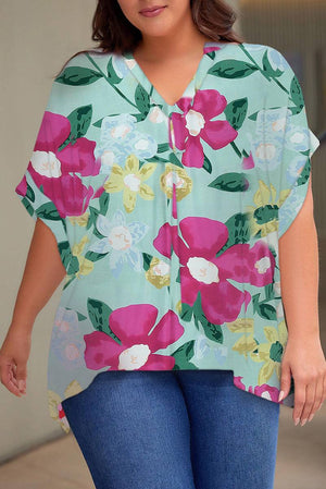 Floral V Neck Half Sleeve Plus Size Blouse