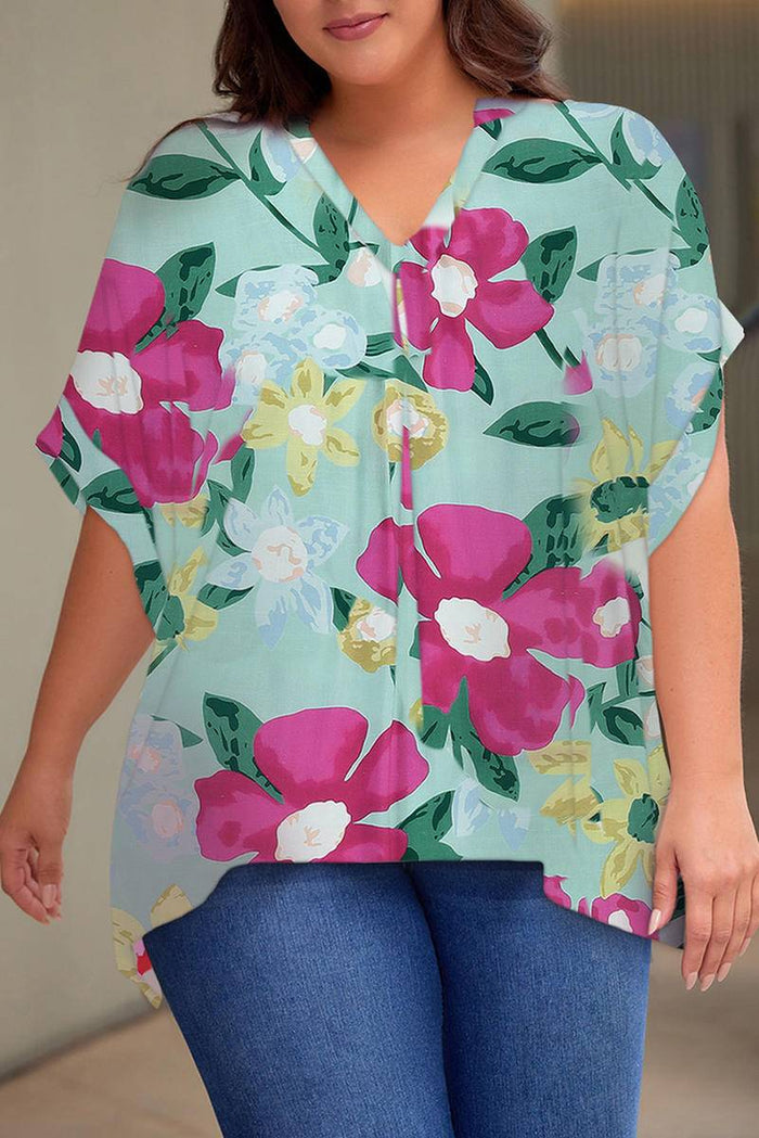 Floral V Neck Half Sleeve Plus Size Blouse