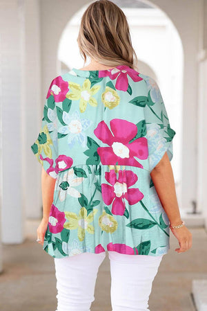 Floral V Neck Half Sleeve Plus Size Blouse