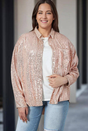 Sequin Long Sleeve Button-Up Plus Size Shirt