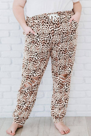 Leopard Ripped Drawstring Mid Waist Plus Size Pants