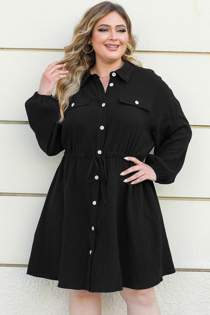 Plus Size Textured Drawstring Button Up Shirt Dress