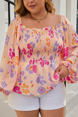 Plus Size Floral Puff Sleeve Smocked Peplum Top