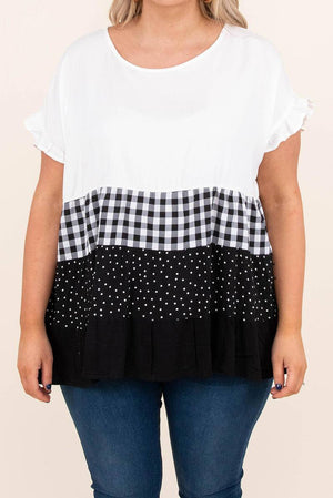 Plus Size Round Neck Plaid Dot Ruffled Top