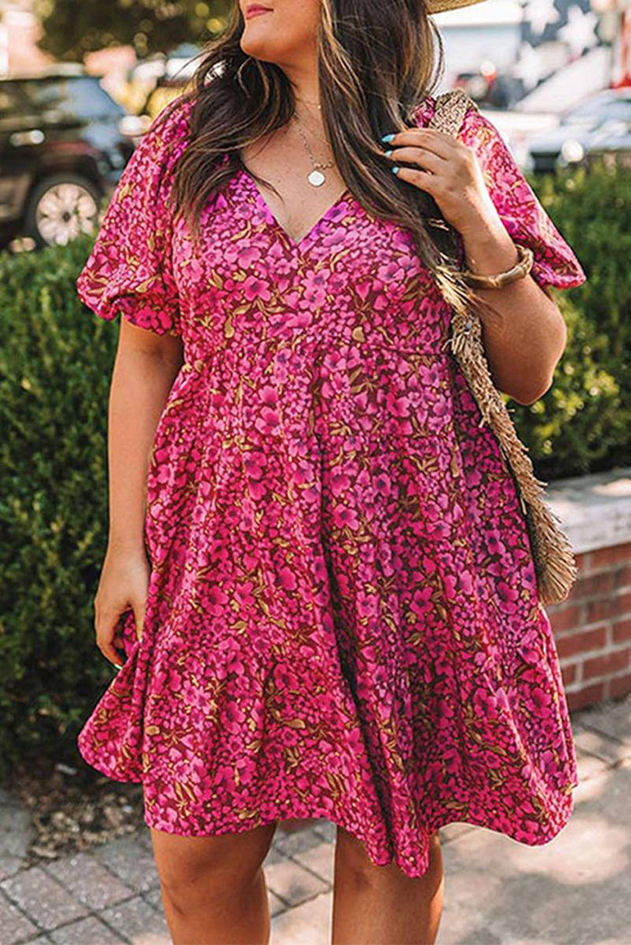 Plus Size Floral V Neck High Waist Dress