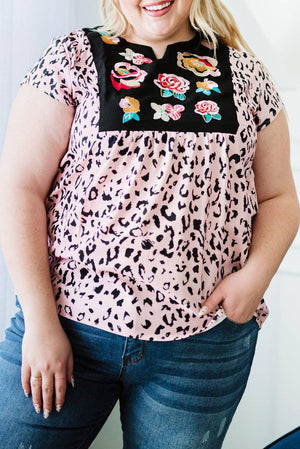 Leopard Flower Print Splicing Short Sleeve Plus Size Tunic