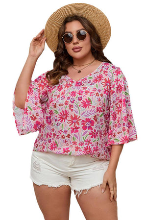 Floral Ruffled Half Sleeve V-Neck Plus Size Blouse