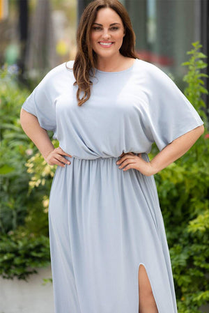 Plus Size Short Sleeves Rib Knit Maxi Dress With Slit