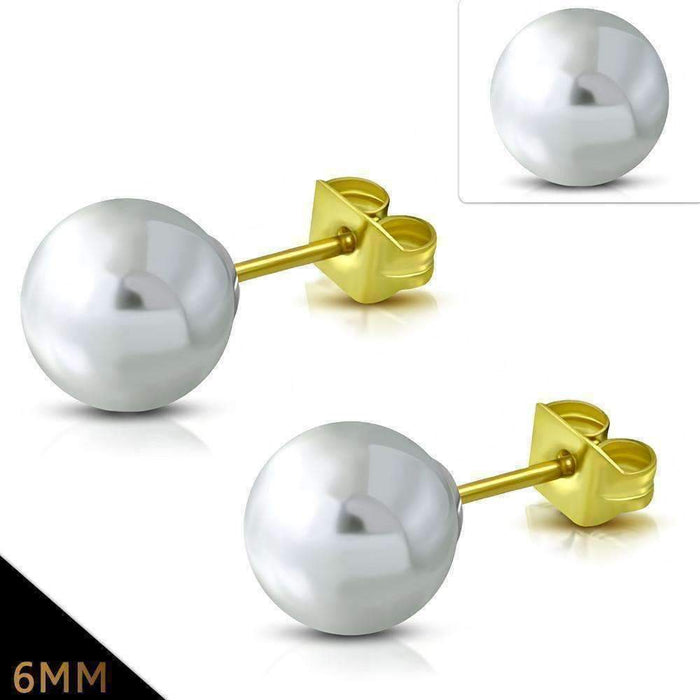 Snowy White Pearl Bead Solitaire 18K Gold plated Stainless Steel 316 Stud Earrings for Woman Everyday Wear Special Occasion