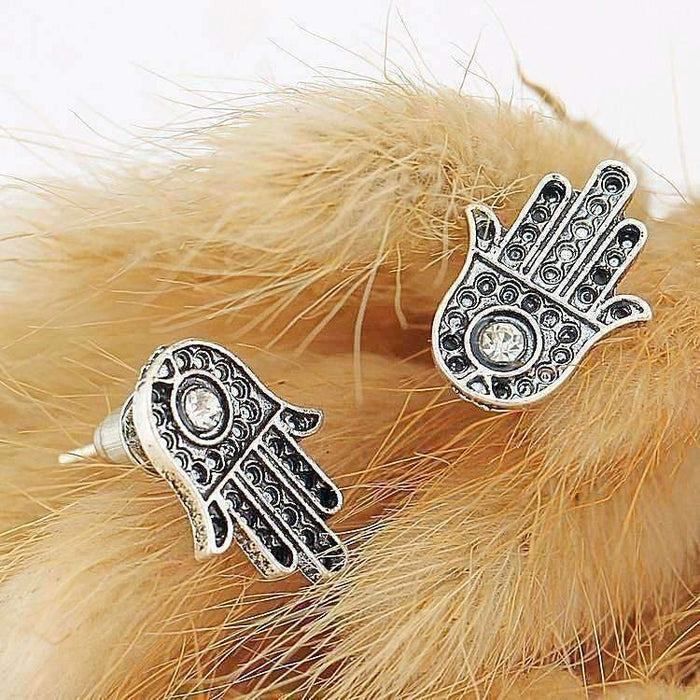 Silvery Sparkle Hamsa Stud Earrings for Women