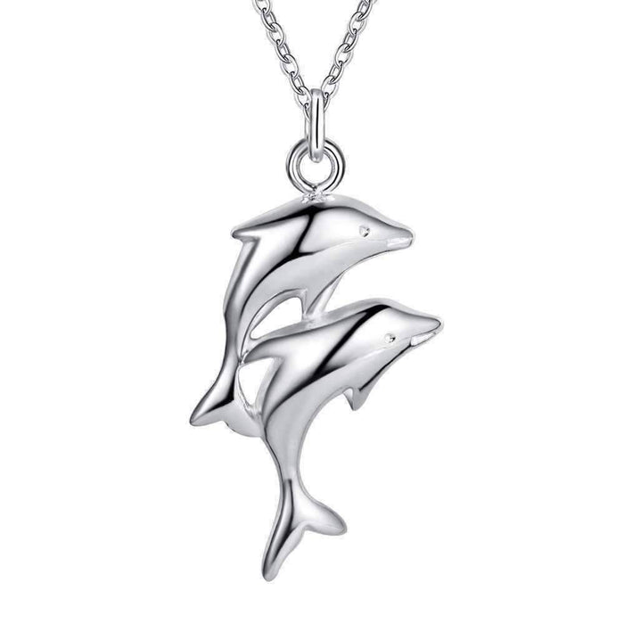 Double Dolphin Silver Necklace for Women