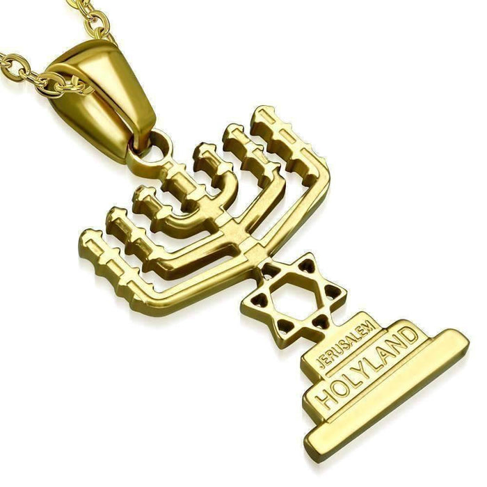 Star of David Menorah Pendant and Necklace in Gold Plated Stainless Steel