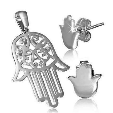 Stainless Steel Hamsa Hand Necklace and Stud Earring Set