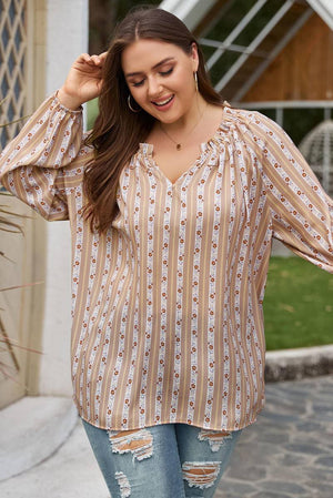 Plus Size Printed V-Neck Drawstring Blouse