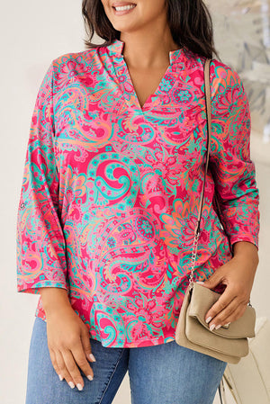 Plus Size Paisley Print V Neck Roll Tab Sleeve Blouse