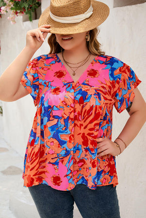 Abstract Floral Print V Neck Plus Blouse