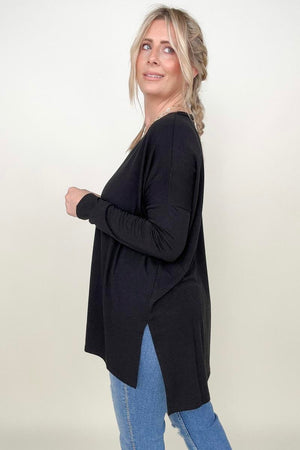 Zenana Solid Dolman Sleeve V Neck Top With Side Slits