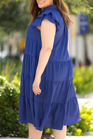 Blue Plus Size Ruffled Tiered A-Line Midi Dress