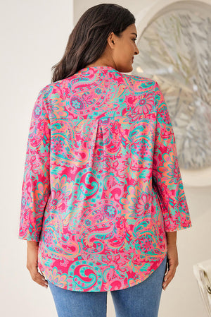 Plus Size Paisley Print V Neck Roll Tab Sleeve Blouse