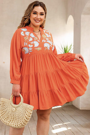 V Neck Embroidered Tiered Ruffle Dress