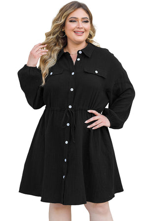 Plus Size Textured Drawstring Button Up Shirt Dress