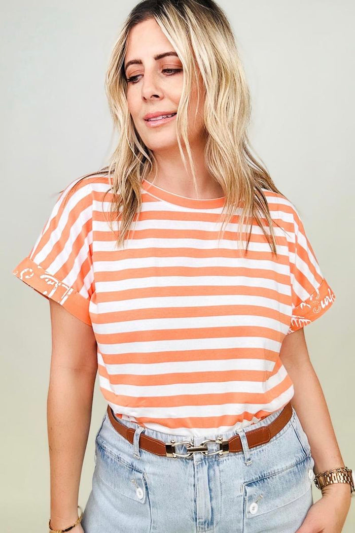 Cotton Bleu Striped Oversized Top With Contrast Cuffed Sleeve