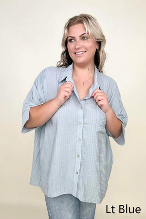 Umgee Pleated Batwing Short Sleeve Button Up Top