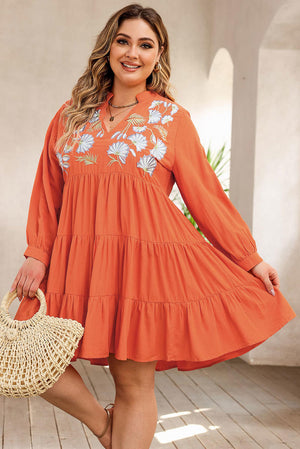 V Neck Embroidered Tiered Ruffle Dress