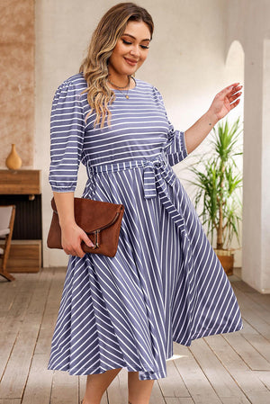 Striped Tie Waist 3/4 Sleeve Plus Size Dress