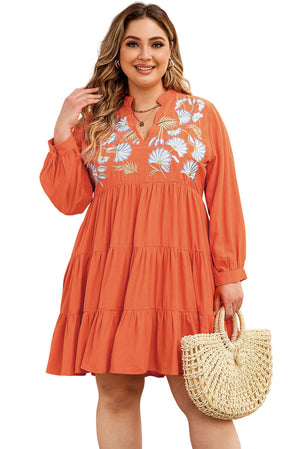 V Neck Embroidered Tiered Ruffle Dress