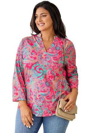 Plus Size Paisley Print V Neck Roll Tab Sleeve Blouse