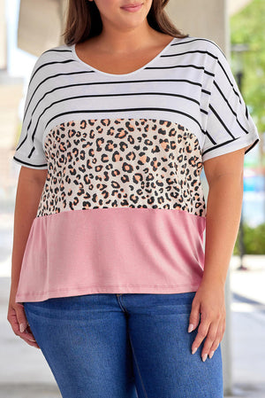 Plus Size Striped Leopard Color Block T-Shirt